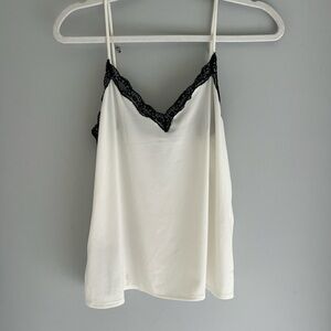 Mango White Camisole with Black Lace Trim